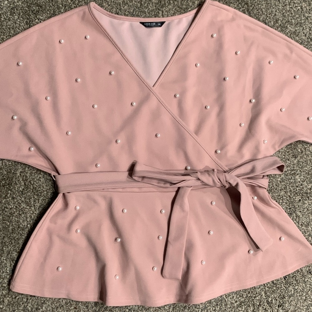 Shein Curve Pink Blouse with Pearl Detailing